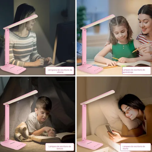Vista 6 de Lámpara de escritorio LED White Crown, lámpara de mesa regulable, lámpara de lectura con puerto de carga USB, 5 modos de iluminación, control Rosa