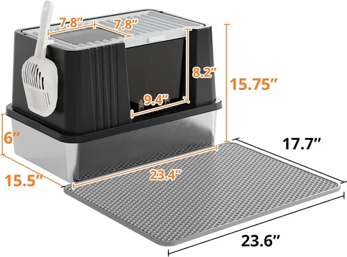 Vista 7 de Oneluck XXL - Caja de arena para gatos de acero inoxidable con tapa Negro