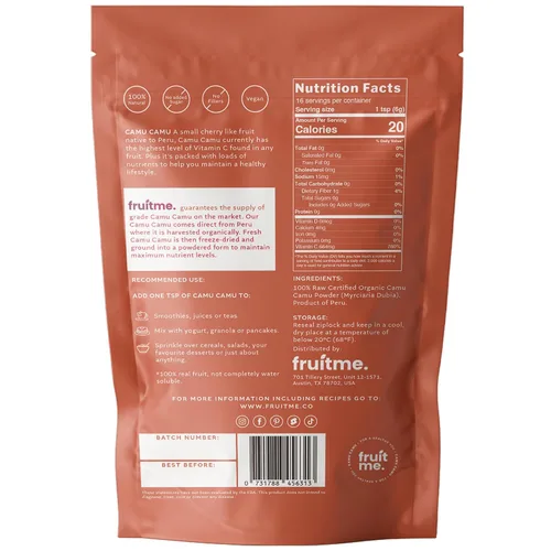 Vista 2 de FruitMe FruitMe - Polvo orgánico certificado crudo Camu Camu liofilizado 3.53 oz - Superalimento rico en vitamina C - Superfruta de vitamina C más