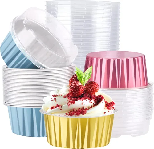 Vista 9 de EUSOAR Moldes desechables de papel de aluminio con tapas, 30 piezas de 5 onzas (4.2 fl oz) de papel de aluminio para magdalenas, tazas para hornear