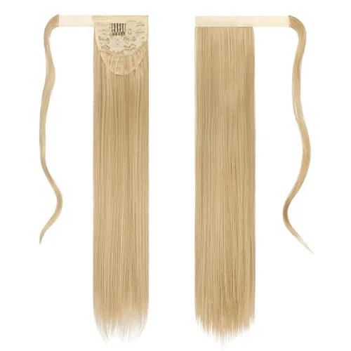 Vista 2 de FESHFEN Extensiones de Cola de Caballo - 24 Pulgadas de Largo Liso Rubio Dorado Envolvente Colas de Caballo Sintéticas Pieza de Cabello Extensiones