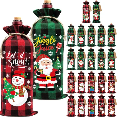 Vista 9 de Aoonby 12 piezas de bolsas de vino de arpillera, bolsas de regalo de vino de Navidad para botellas, regalos, bolsa de botella de Navidad con cordón