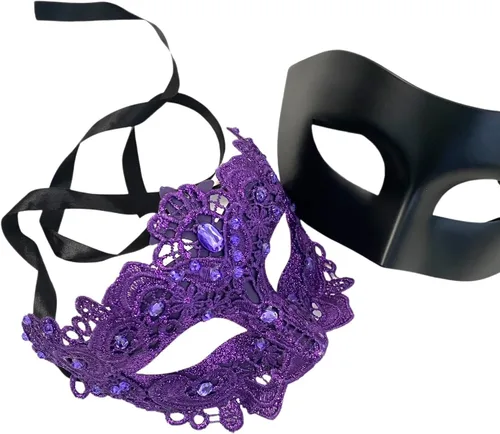 Vista 38 de MASQ Par de máscaras de encaje brocado para mascarada, Mardi Gras, cumpleaños, graduación, boda, fiesta Bk Lace W Pluma