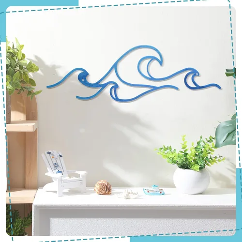 Vista 4 de Seeloowy Decoración de pared ondulada, alambre de metal azul, arte de pared con diseño de océano costero, playa, imágenes de surf, guardería