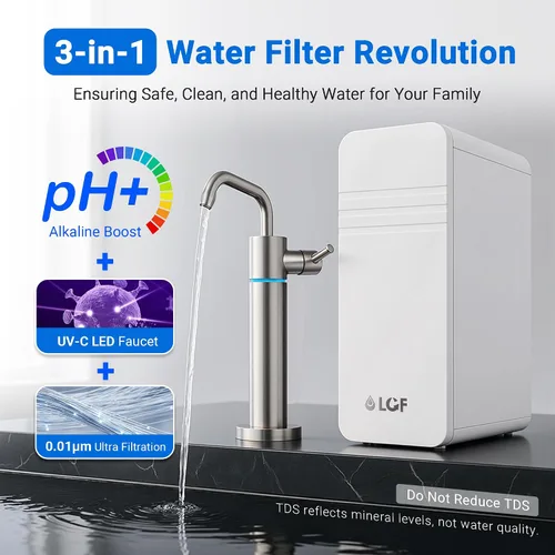 Vista 2 de LCF 0.01μm Ultra-filtración debajo del fregadero Sistema de filtro de agua, purificador de agua mineral alcalino de 3 etapas, grifo LED UV-C