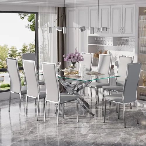 Vista 35 de Juego de mesa de comedor de cristal dorado moderno de 63 pulgadas para 6, juego de mesa de cocina rectangular de 7 piezas con patas de acero Negro