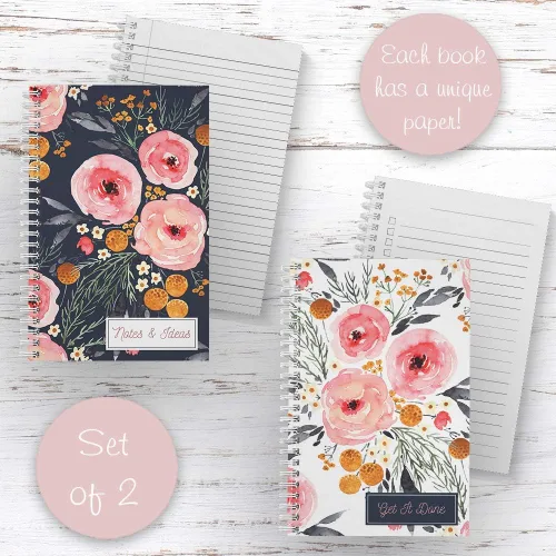 Vista 3 de Gotcha Covered Notebooks Mountain Floral: Juego de 2 cuadernos de espiral encuadernados con alambre. Dos diseños elegantes con 120 papeles con rayas