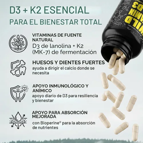 Vista 2 de Wild Foods Vitamina D3 + K2 5000iu (100mcg MK7), salud ósea y cardíaca