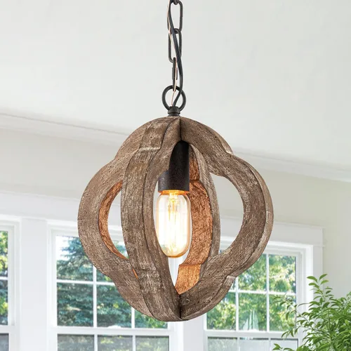 Vista 13 de Luces colgantes modernas de madera de granja de 9.84 pulgadas, orbe de isla de cocina, roble blanco envejecido, lámpara colgante de techo rústica
