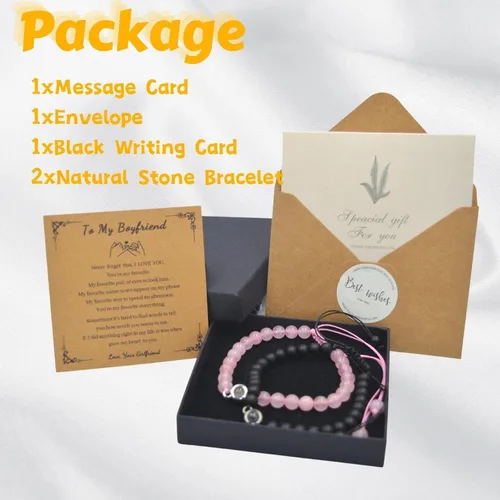 Vista 6 de XAOUS I Love You - Pulseras para parejas con proyección en 100 idiomas, cristal curativo, ágata negra, turquesa blanca, pulseras a juego para novio