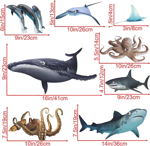 Vista 3 de Adhesivo de pared extraíble 3D de peces marinos bajo el mar, calcomanías de pared de animales marinos, ballenas, tiburones, calamares, decoración
