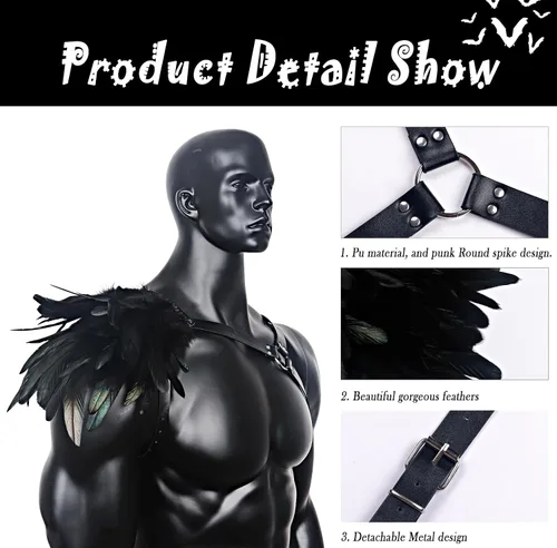 Vista 4 de L'VOW Arnés de plumas góticas para hombre, ajustable, de piel sintética, armadura de hombro, guardias medievales para Halloween y cosplay