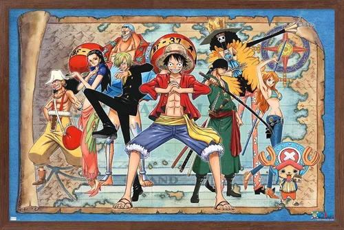 Vista 10 de One Piece - Póster de pared con mapa grupal, 22.4 pulgadas de largo x 14.7 pulgadas de ancho, versión enmarcada de madera de granero