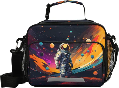 Vista 11 de MNSRUU Bolsa de almuerzo con aislamiento de astronauta espacial para mujeres, lonchera para hombre, con correa ajustable para el hombro, bolsa