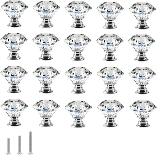 Vista 14 de 6 pomos de cristal de cristal de 1.18 pulgadas para cajones, pomos negros en forma de diamante, manijas con tornillos para cocina, baño, tocador
