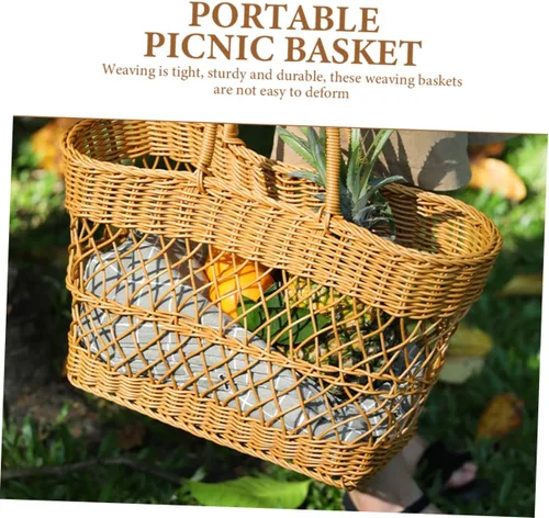 Vista 5 de Cesta tejida para comestibles Cesta de picnic Cesta de frutas portátil Suministros diarios