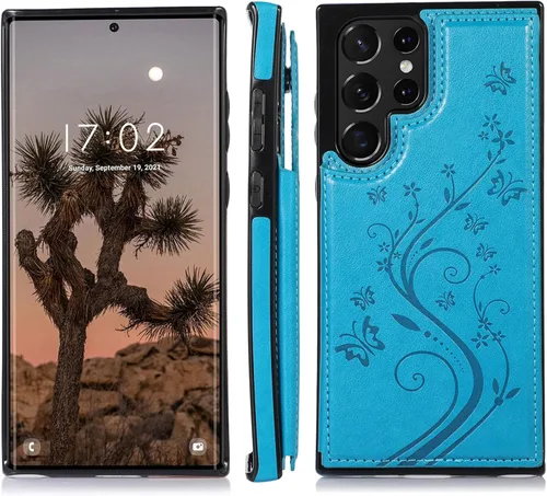 Vista 4 de Asuwish Funda para Samsung Galaxy S22 Ultra con protector de pantalla de vidrio templado, funda de cuero con soporte para tarjetas, doble cierre Azul