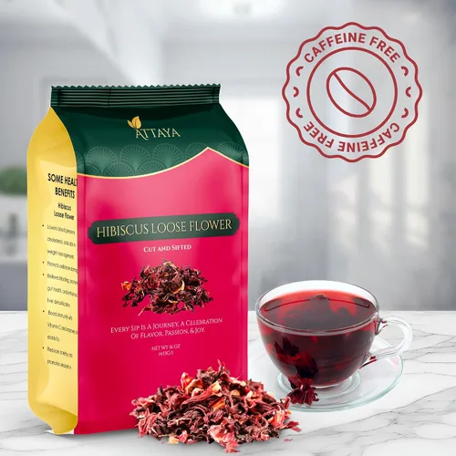 Vista 8 de Attaya Flores sueltas de hibisco natural, cortadas y tamizadas, 100% puras, secas, sin cafeína, ricas en antioxidantes para bienestar y relajación.