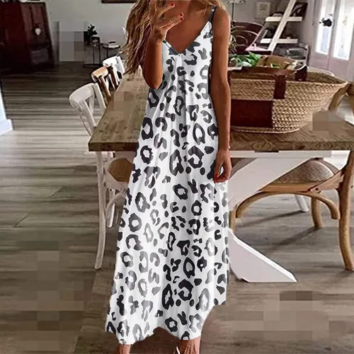 Vista 2 de Ceboyel Vestido largo de verano con tirantes delgados florales para mujer, vestido largo de verano con cuello en V, sexy, bohemio, ropa de playa