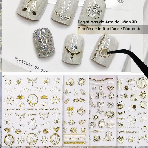 Vista 2 de 20 hojas de calcomanías de uñas 3D, diseño de oro/diamante, lujosas calcomanías de uñas autoadhesivas con relieve, calcomanías de uñas de flores