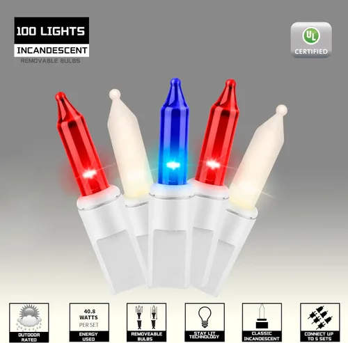 Vista 2 de 100 luces rojas, blancas y azules, extrabrillantes con conectores finales, decoración del 4 de julio, mini tira de luces patrióticas de 19.6 ft