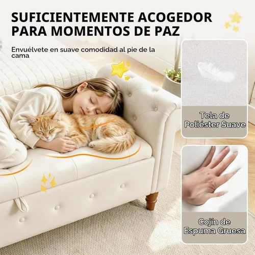 Vista 5 de NIOIIKIT Banco Otomano de Almacenamiento de 160 cm, Banco de Entrada con Botones Acolchados, Banco Largo de Brazos Enrollados para Dormitorio, Sala