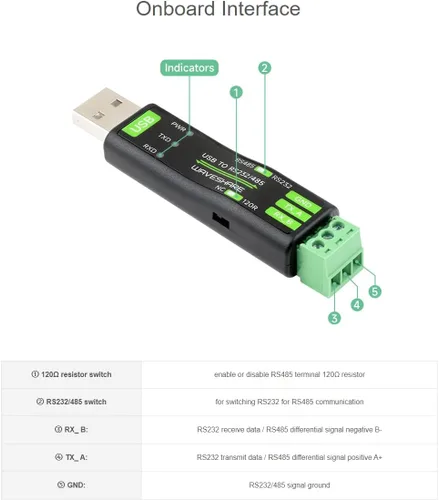 Vista 5 de waveshare Adaptador de convertidor serie USB a RS232 RS485 integrado a bordo original FT232RNL, compatible con Mac, Linux, Android, Win11/10/8.1/8/7