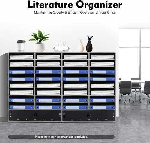Vista 2 de Organizador de literatura con 32 ranuras para buzón de oficina, cubículos, organizador de escritorio de PVC con paneles ajustables y 2 cajones