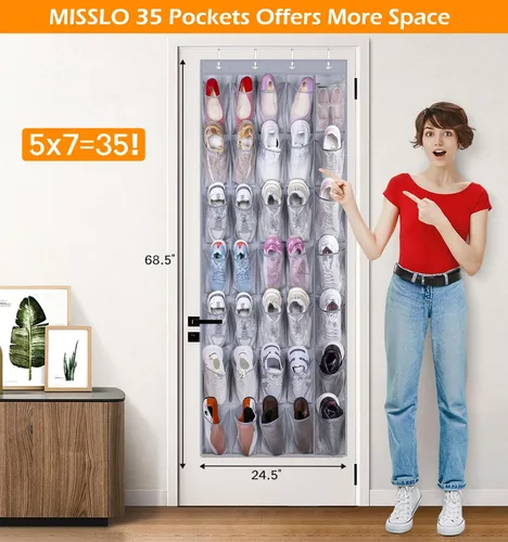 Vista 5 de MISSLO Organizador de zapatos para colgar sobre la puerta, 35 bolsillos grandes, resistente tela Oxford, color gris