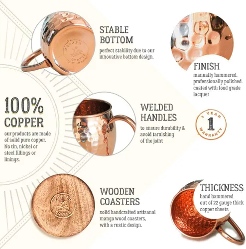 Vista 3 de Moscow Mule tazas Set, 4 Authentic Handcrafted tazas de cobre (16 oz. Cada uno) con 2 onzas Shot vidrio, 4 pajitas, mango madera Posavasos y libro