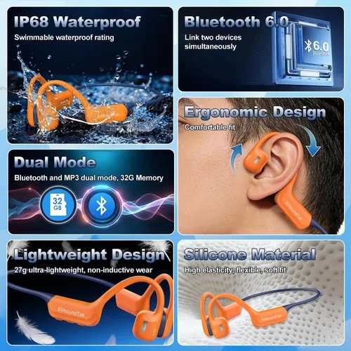 Vista 3 de Auriculares de natación de conducción ósea, auriculares subacuáticos impermeables IP68, Bluetooth 6.0 y MP3 con tarjeta de memoria de 32 GB, Naranja