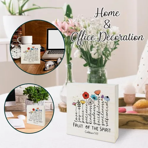 Vista 5 de Bloque de madera con texto inspirador, Fruta del Espíritu, flores de acuarela, decoración moderna de mesa de granja para el hogar, oficina, cocina