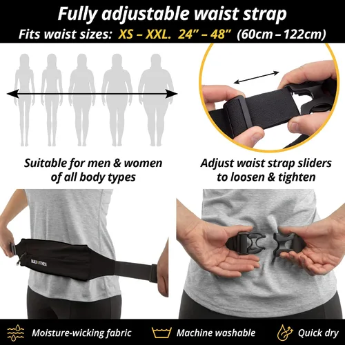 Vista 4 de BUILD & FITNESS Cinturón para correr con cremallera, cintura ajustable, delgado, ligero, cremallera YKK, clip seguro para llaves. Se adapta a todos