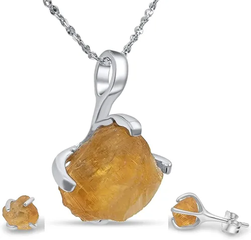 Vista 147 de Juego de joyas de piedras preciosas crudas reales con plata de ley 925 chapada en oro real, collar y aretes de piedra natal, regalo para ella por