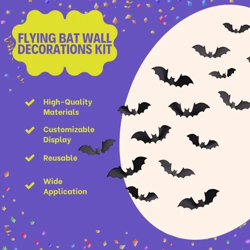 Vista 5 de Kit de decoración de papel de pared de murciélago volador negro, 1 unidad, espeluznante y elegante, perfecto para fiestas de Halloween y decoración