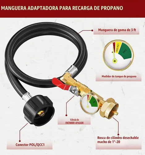 Vista 5 de CALPOSE Manguera adaptadora de repuesto de propano de 3 pies con medidor y válvula de control de encendido/apagado, manguera de recarga de propano