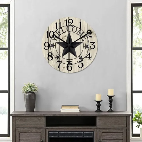 Vista 6 de Reloj de pared decorativo de 10 pulgadas con estrella del oeste de Texas, reloj de madera rústico, silencioso, sin tictac, funciona con pilas, reloj