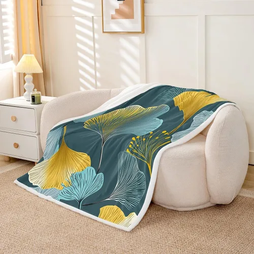 Vista 3 de Manta de hojas de Ginkgo de color amarillo, verde azulado, Ginkgo Biloba, manta de forro polar para niños y niñas, manta botánica de 40 x 50