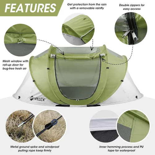 Vista 5 de VILLEY 2 Person Easy Pop Up Tent, Waterproof Automatic Setup Instant Lightweight Camping Beach Tent with Carrying Bag for Camping, Hiking &