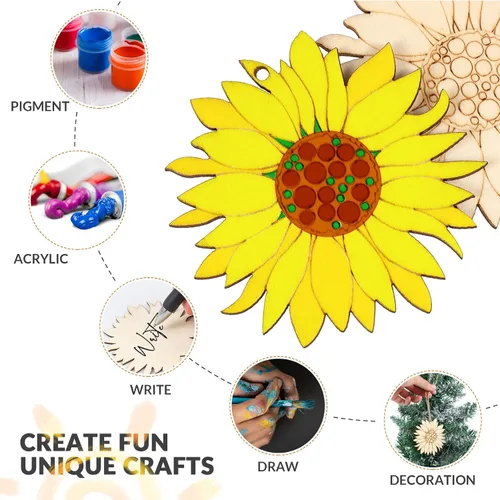 Vista 2 de 10 piezas de madera sin terminar con forma de girasol, piezas de discos de rebanadas para manualidades, decoración de primavera