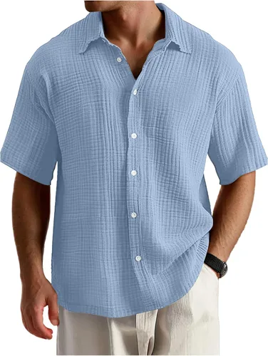 Vista 7 de Camisas de manga corta con botones para hombre, suaves, holgadas, casuales, guayabera, camisas de verano hawaianas para vacaciones