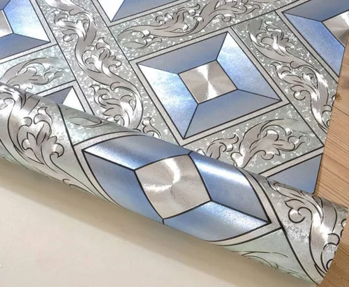 Vista 4 de Q QIHANG DAWEI - Papel tapiz decorativo para habitación de KTV, mosaico plateado, diseño de rombos y rombos, color azul plateado, 1.73 pies de ancho