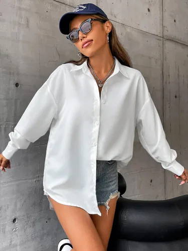 Vista 3 de SheIn Blusa casual de manga larga con botones y hombros caídos para mujer