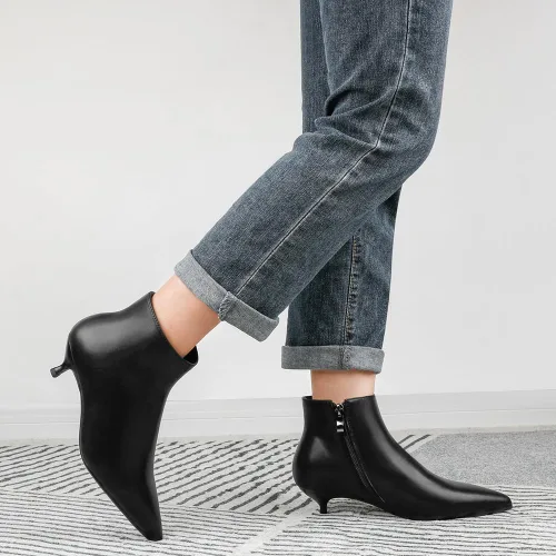 Vista 3 de MERUMOTE Botines de cuero para mujer, zapatos de tacón bajo, botines de invierno con cremallera