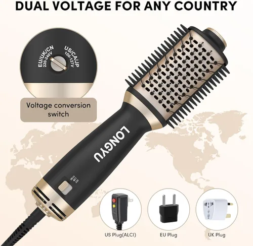 Vista 8 de Longyu Cepillo secador de pelo de doble voltaje de viaje, mini cepillo de aire caliente con enchufe europeo de 110 V-240 V, secador de pelo de un