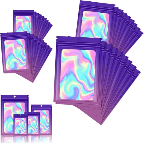 Vista 10 de 120 bolsas de tereftalato de polietileno a prueba de olores, bolsa de embalaje holográfica resellable con ventana transparente para alimentos