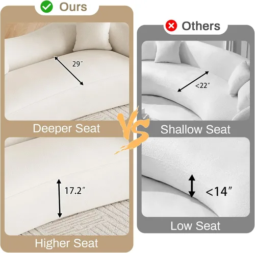 Vista 3 de Sofá curvado de 90.8 pulgadas para sala de estar, moderno y cómodo sofá de felpilla de 3 plazas sin hueso, asiento extra profundo y ancho con 2 Beige
