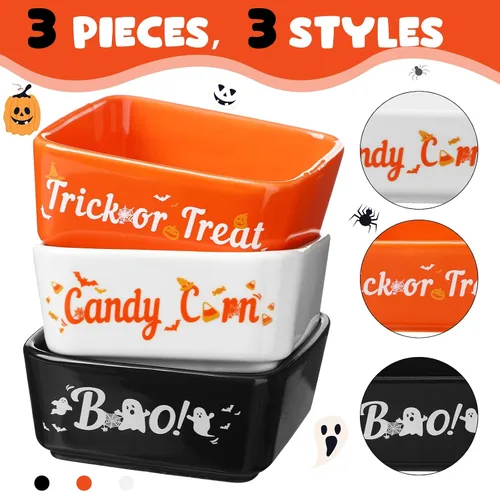 Vista 3 de Tanlade 3 piezas de tazón de caramelos de Halloween, mini plato para decoración de bandeja escalonada, tazón de caramelos de maíz cerámico