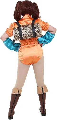 Vista 4 de miccostumes Disfraz de cosplay para mujer, leotardo naranja con protectores de brazos y bolsa