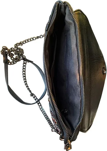 Vista 6 de Chikencall Bolso de mano de cuero con tachuelas de calavera punk negro con dos correas